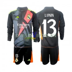 Real Madrid Golmanski Andriy Lunin 13 Crno Dres Gostujući 2024-2025 Dugim Rukavima ,Dječji Komplet